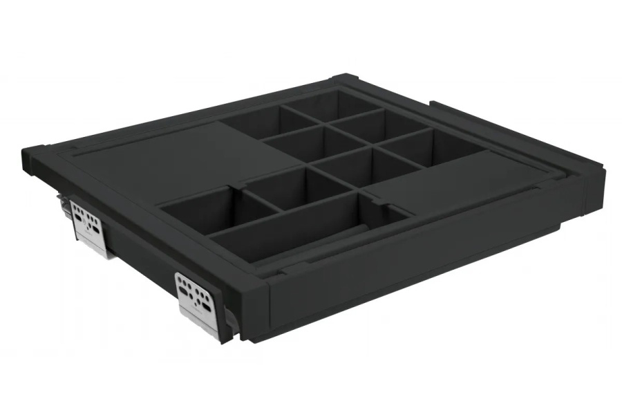 Корзина с органайзером в шкаф на 600мм, 485х560х85мм, полное выдвижение, с доводчиком, черная