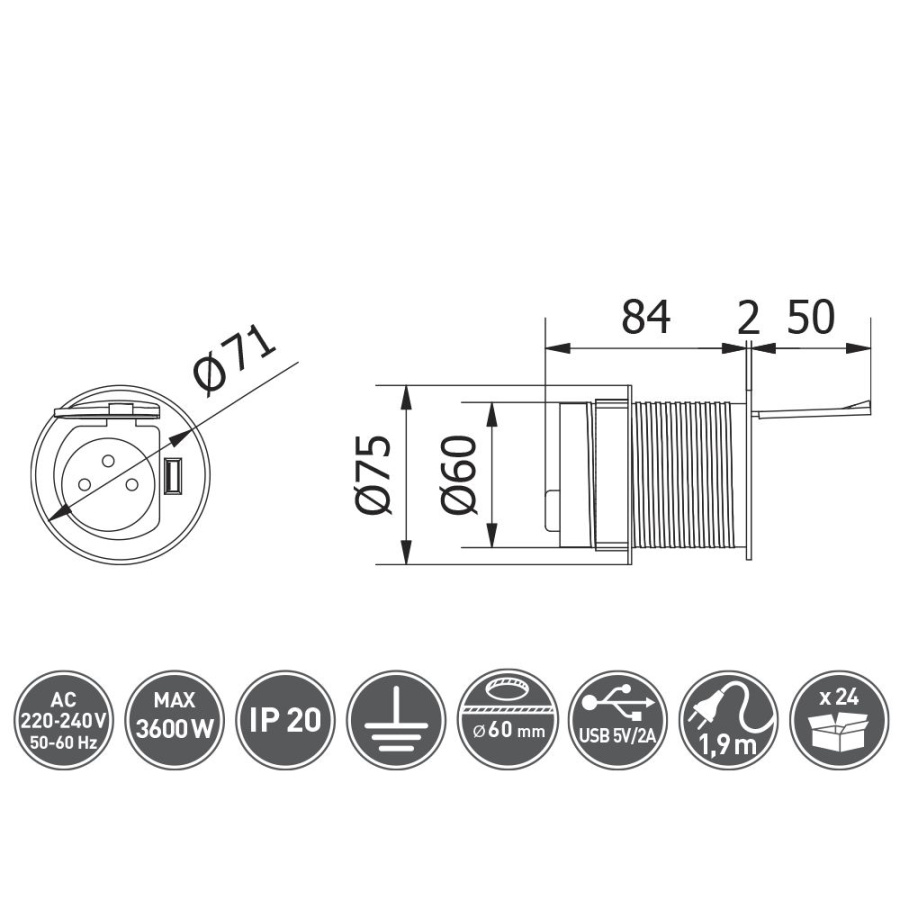 Встраиваемая, 1хEURO+1хUSB, Ø60мм, откидн.крышка, пластик, серый, GTV