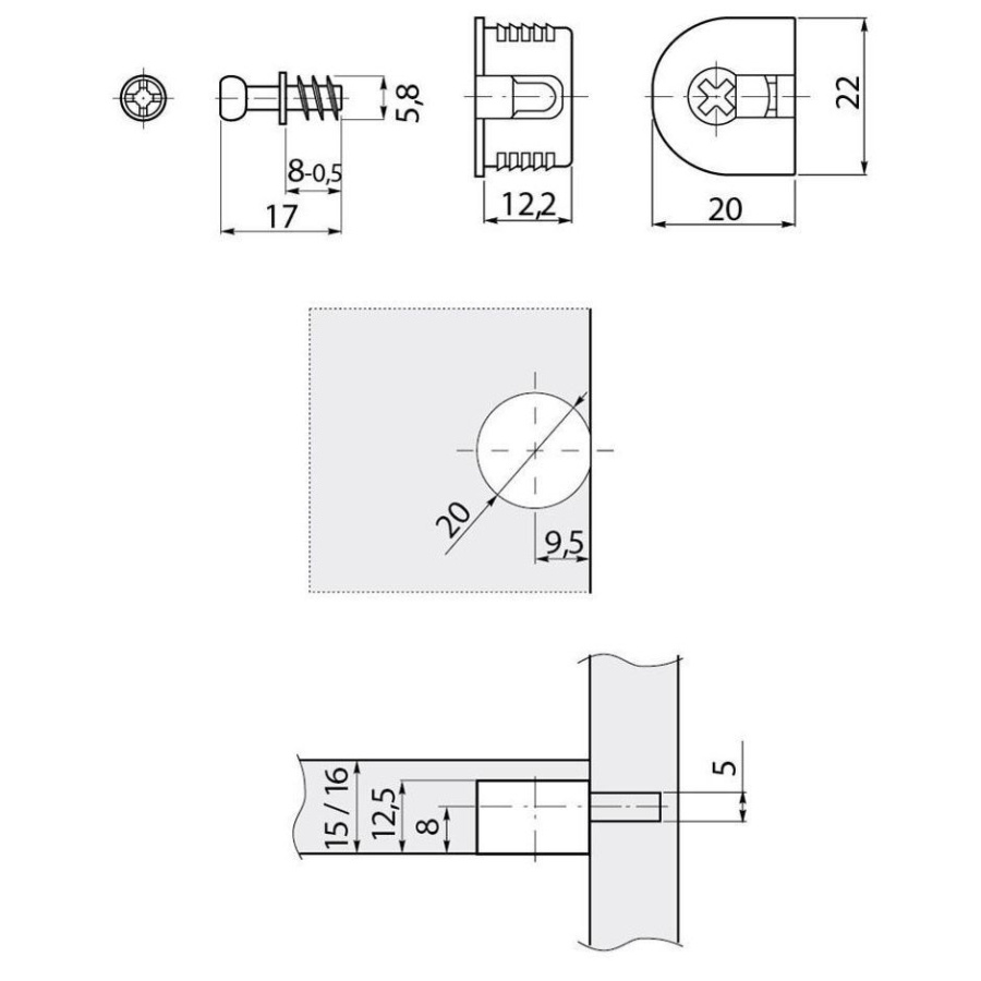 Стяжка эксцентриковая с дюбелем, пластик/металл, черный, GTV