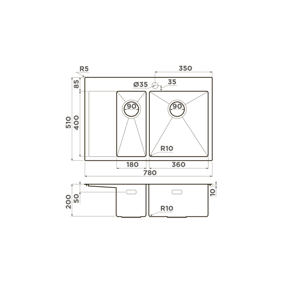 Мойка Akisame 78-2-LG-R, нержавеющая сталь, светлое золото  