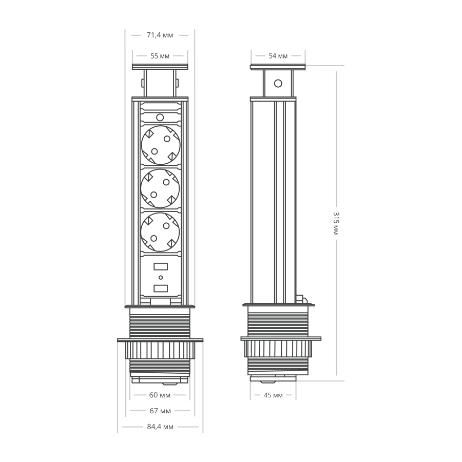 Вертикальная, 3хEURO+2USB, Ø 60мм, ручное, пластик, серый, усовое заземл., шнур 1,6м, Mebax