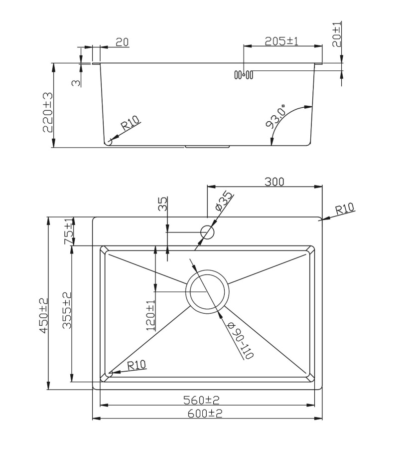 Мойка Онега 60, 600х450х220мм, нержавеющая сталь SUS 304, 1 отверстие, брашированный черный, HISSEN