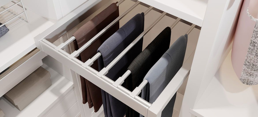 Вешалка для брюк в шкаф на 900мм, 490х820х55, с доводчиком, полное выдвижение, белый