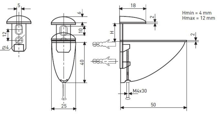 Полкодержатель 304 для ДСП, стекла и пластика, h=12мм, 10кг на пару, металл, браш. бронза, JET