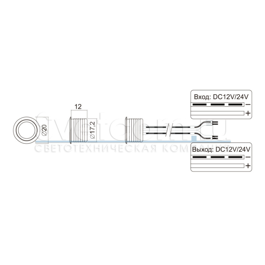 Выключатель врезной на касание с диммером, Ø20мм, 12-24В/60-100Вт, шнур 1м, хром, DKs-3