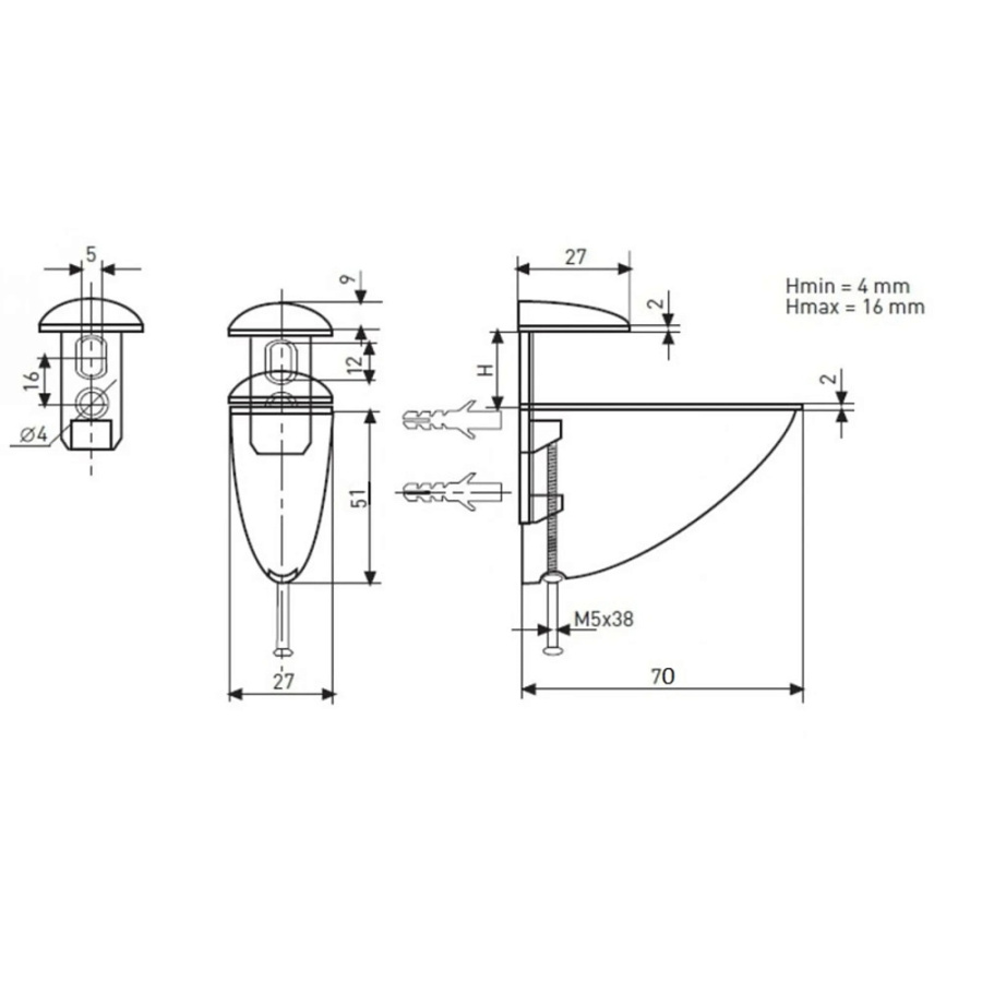 Полкодержатель 304 для ДСП, стекла и пластика, h=16мм, 12кг на пару, металл, браш. никель, JET