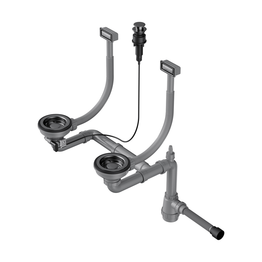 Арматура для двухчашевых моек WK-2-A-GM, прямоуг. перелив, клапан-автомат, вороненая сталь