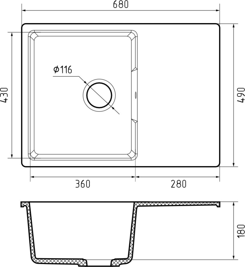 Мойка GranFest URBAN 668L, 680х490 мм, черный
