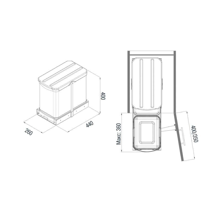 Контейнер для мусора выдвижной, 16л+1л, 260х440х400мм, в шкаф на 400мм, металл/пластик, нерж. сталь