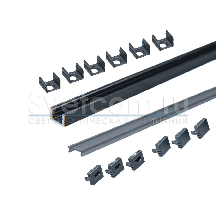 Профиль накладной 8х6х3000мм, лента ≤5мм, черный (диффузор черный, 3+3 заглушки+6 клипс)