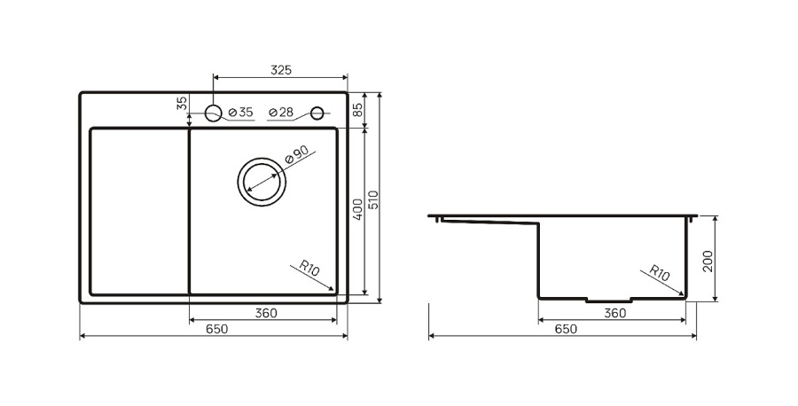 Мойка врезная Ильмень 65, 510х650х200мм, нерж. сталь SS201, браш. сталь, дозатор+корз, правая, CMF