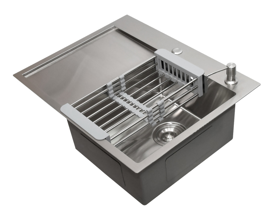 Мойка врезная Ильмень 65, 510х650х200мм, нерж. сталь SS201, браш. сталь, дозатор+корз, правая, CMF