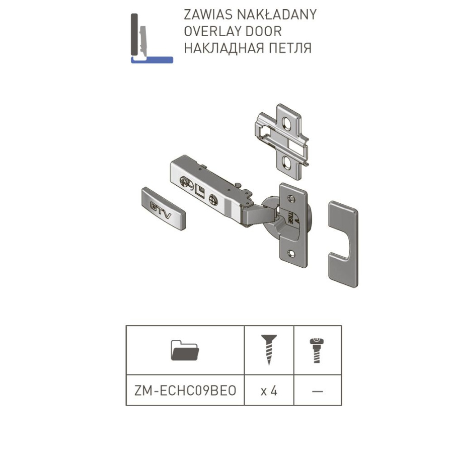 GTV Петля накладная, с планкой 0мм, с доводчиком, БЕЗ еврошурупа, 45мм