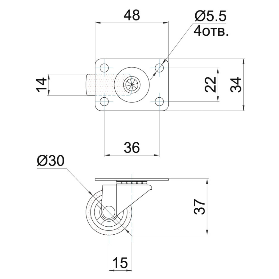 Опора колесная с площадкой, d=30мм, без стопора, резина, серый, нагрузка 15кг