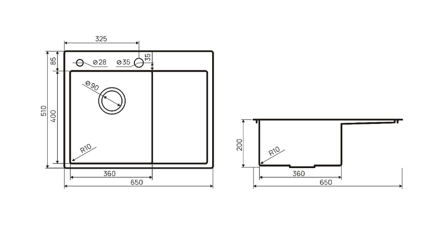 Мойка врезная Ильмень 65, 510х650х200мм, нерж. сталь SS201, браш. сталь, дозатор+корз, левая, HISSEN