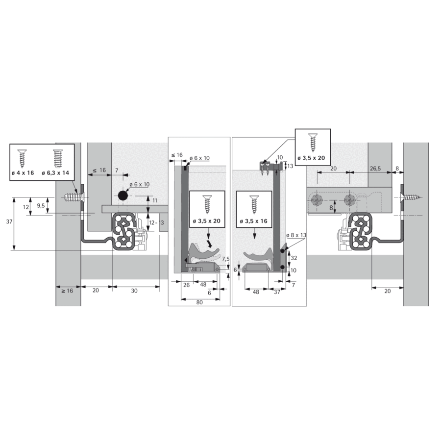 Направляющая Quadro V6 30 Push to open, 30 кг, NL550, полн выдвиж, надвиж монтажа, EB20, правая