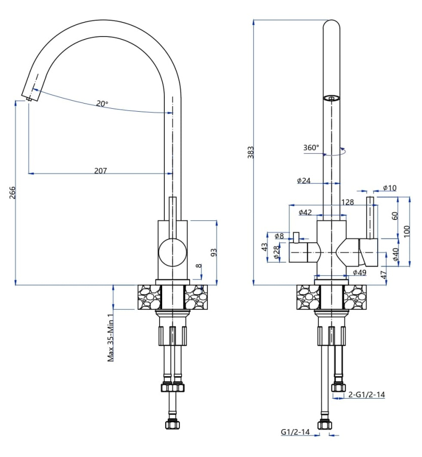 Смеситель GranFest Quarz Z-5420, с краном питьевой воды, PVD графит