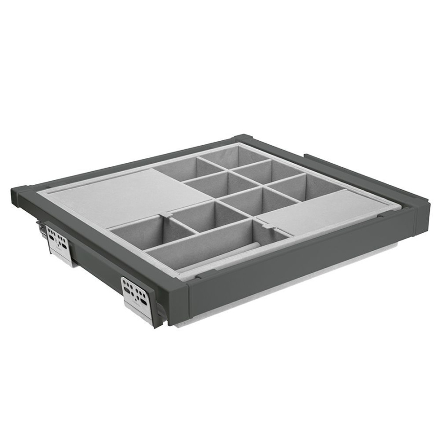 Корзина с органайзером в шкаф на 600мм, 485х560х85мм, полное выдвижение, с доводчиком, графит