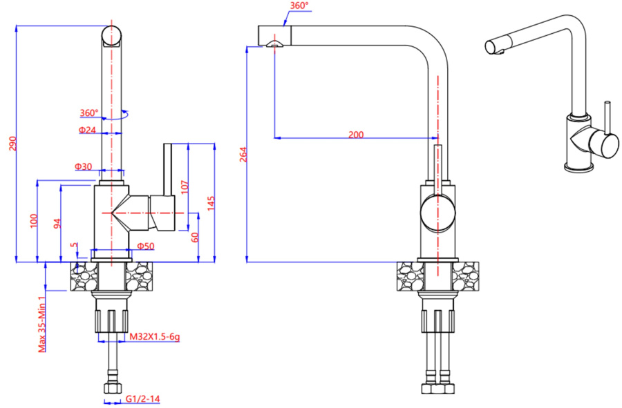 Смеситель GranFest 3651, d=50 мм, графит