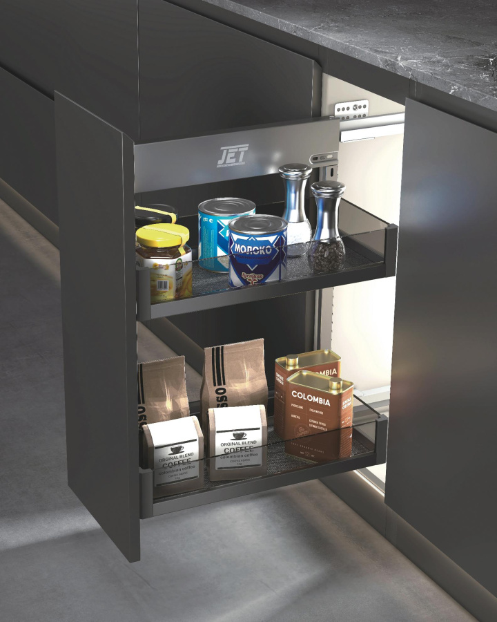 Корзина 300мм, 2 яруса, 258x461x603мм, боковое универс., полн. выдв., с доводчиком, антрацит, Jet