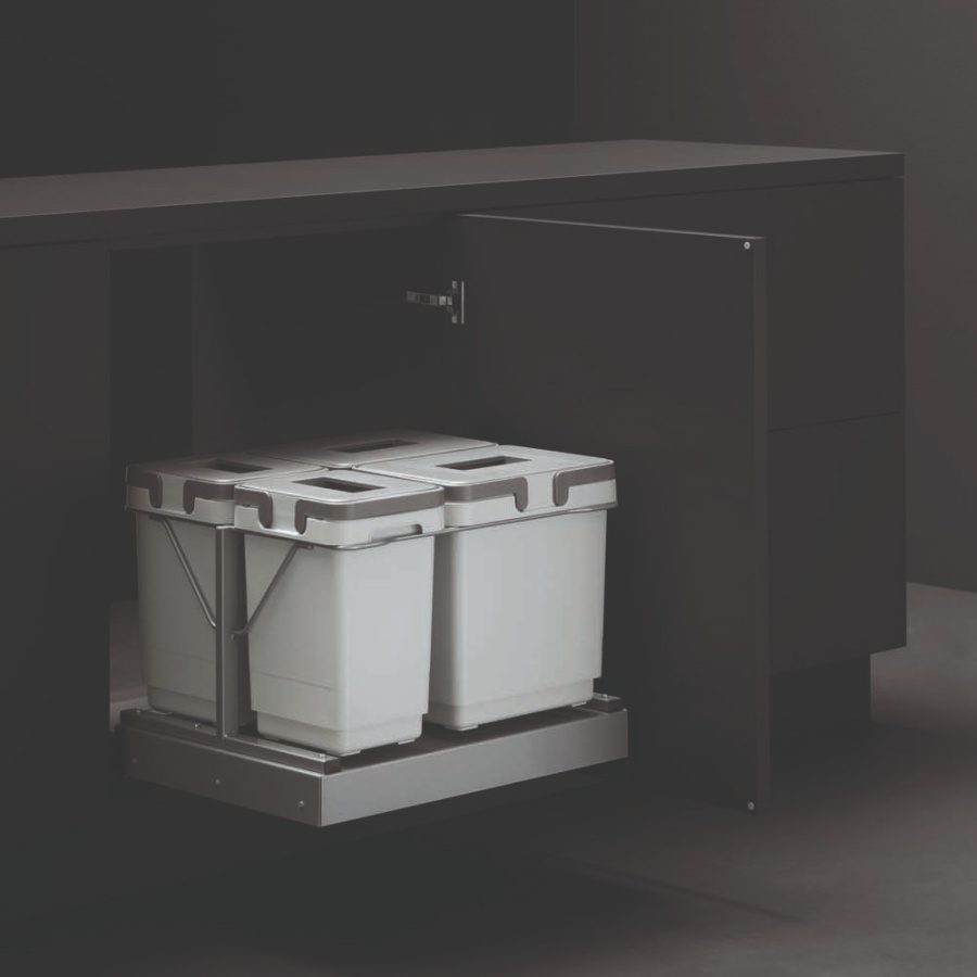 Контейнеры для мусора выдвижные, 2х15л+2х9л, в шкаф на 600мм, хром/серый