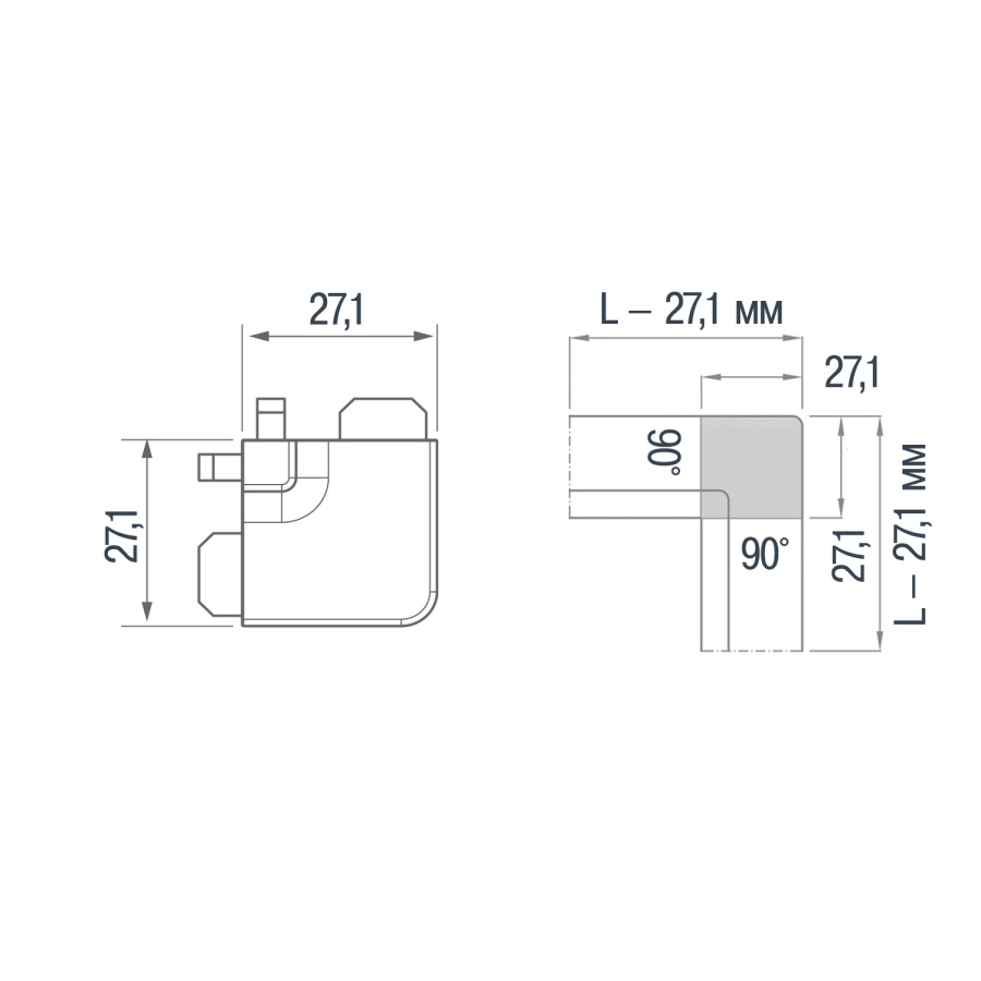 Внешний угол 90*. алюминий, для профиль-ручки GOLA, для верхнего ящика, шлифованная медь
