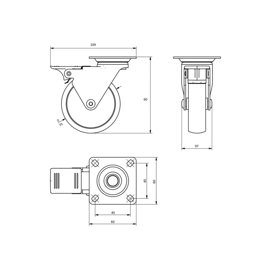 Опора колесная с площадкой, d=75мм, со стопором, черный, 64кг/шт, GTV