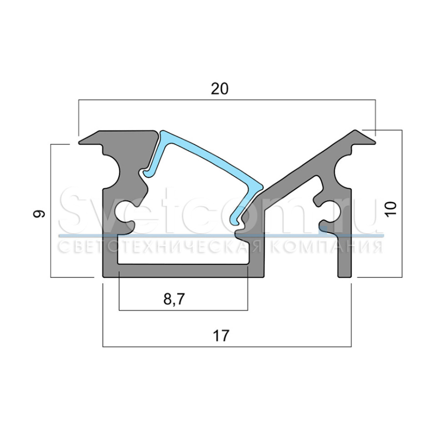 Профиль врезной угловой 20х10х2000мм, лента ≤8мм, алюминий (диффузор, 2+2 заглушки)