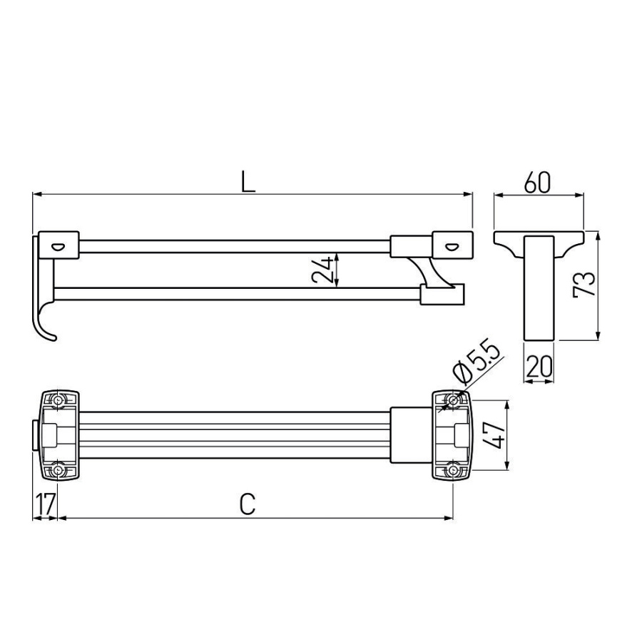 Штанга выдвижная, 300мм, сталь/пластик, хром/черный, GTV