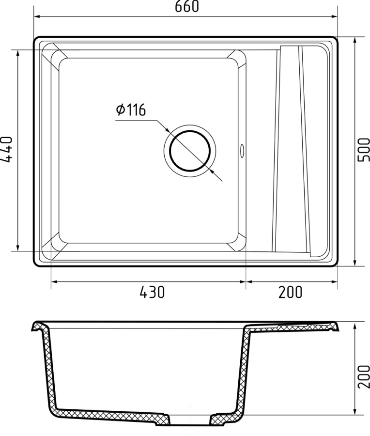 Мойка GranFest LEVEL 660L, 660х500 мм, кашемир