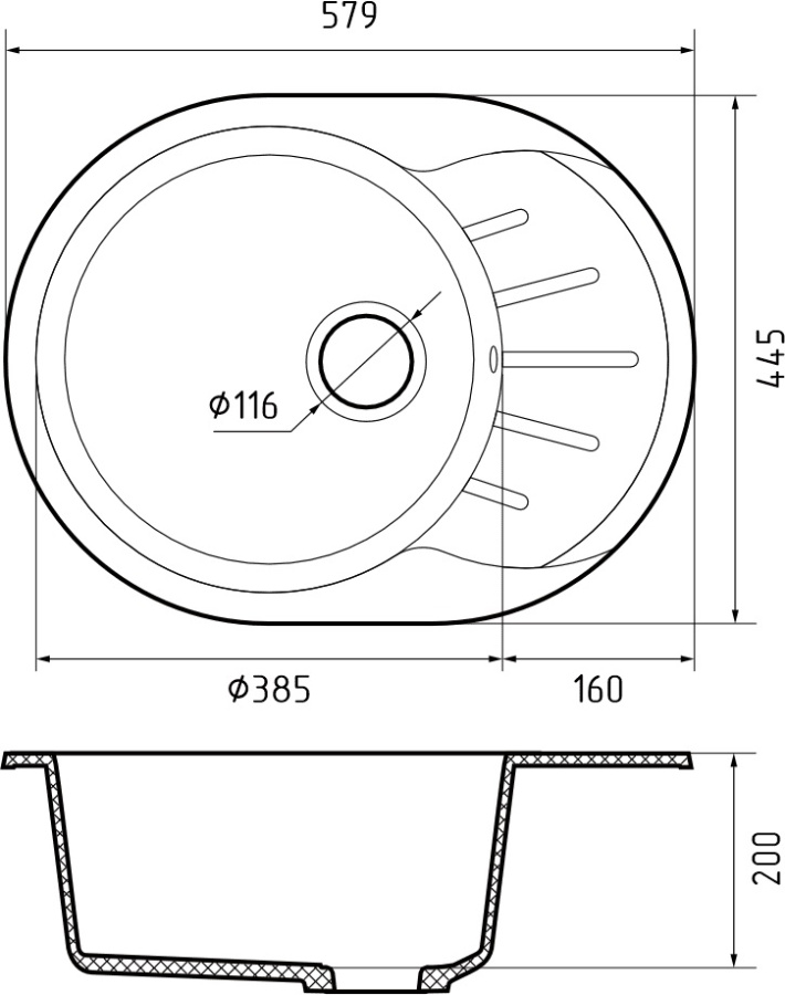 Мойка GranFest RONDO 580L с крылом, 579х445 мм, кашемир