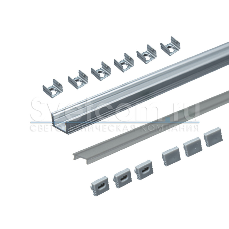 Профиль накладной 8х6х3000мм, лента ≤5мм, алюминий (диффузор полумат., 3+3 заглушки+6 клипс)