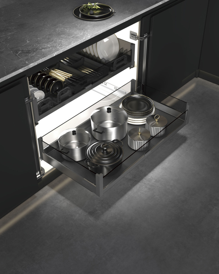 Корзина выкатная 600мм, 564x466x169мм, полн. выдв., с доводчиком, под распаш. фасад, антрацит, JET