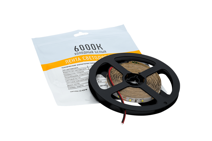 Лента  8х1.5х5000мм, SMD 2835, 12В, холодный, 4.8 Вт/м, 60 диодов/м, 250 Лм/м, IP20, SWG