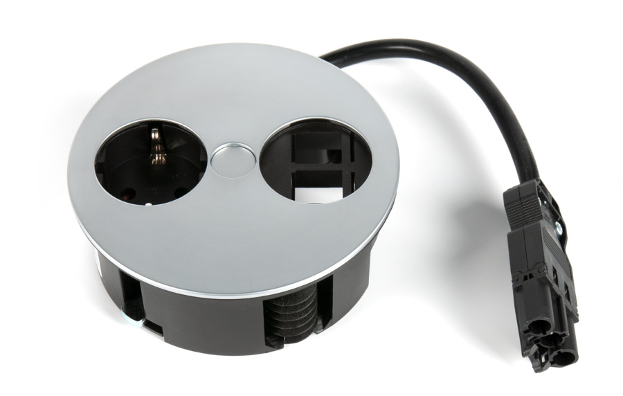 Встраиваемая, 1хEURO+2 пустых гнезда, сдвижн. крышка, матовый хром, Ø115мм, металл/пластик