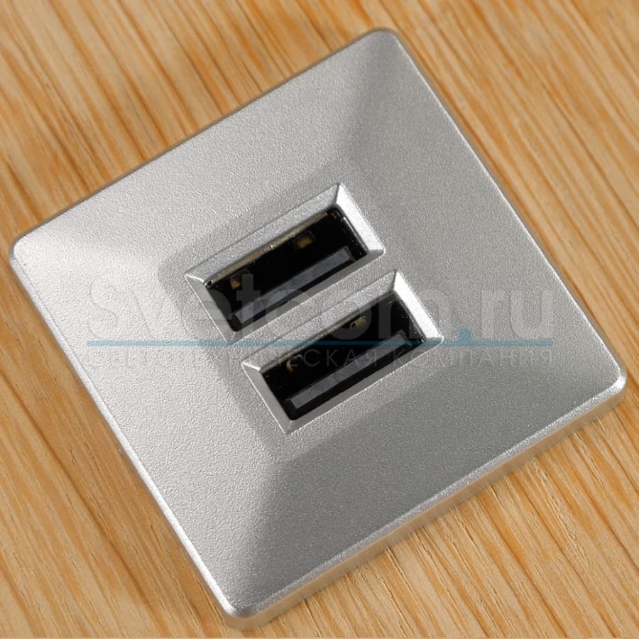 Встраиваемая 2хUSB-A, 5В/2.1А (1х2.1А/2х1.05А), вход 12В, квадрат 37х37, серебро, IP20, GLS