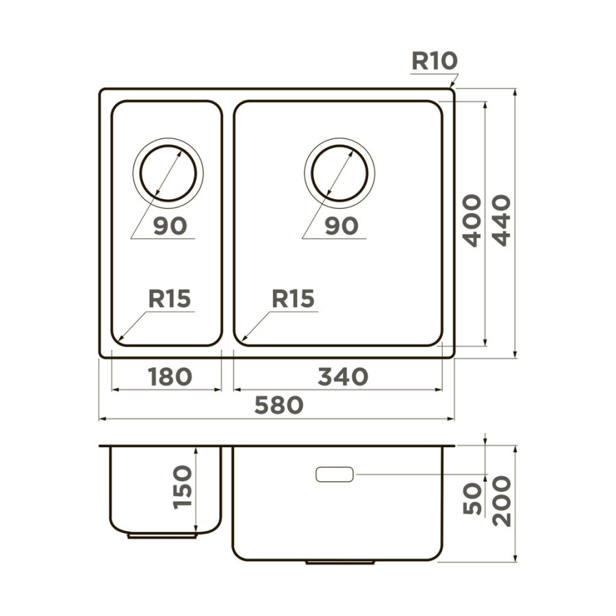 Мойка Tadzava 58-2-U/I-IN-L ULTRA 15, нержавеющая сталь, нержавеющая сталь