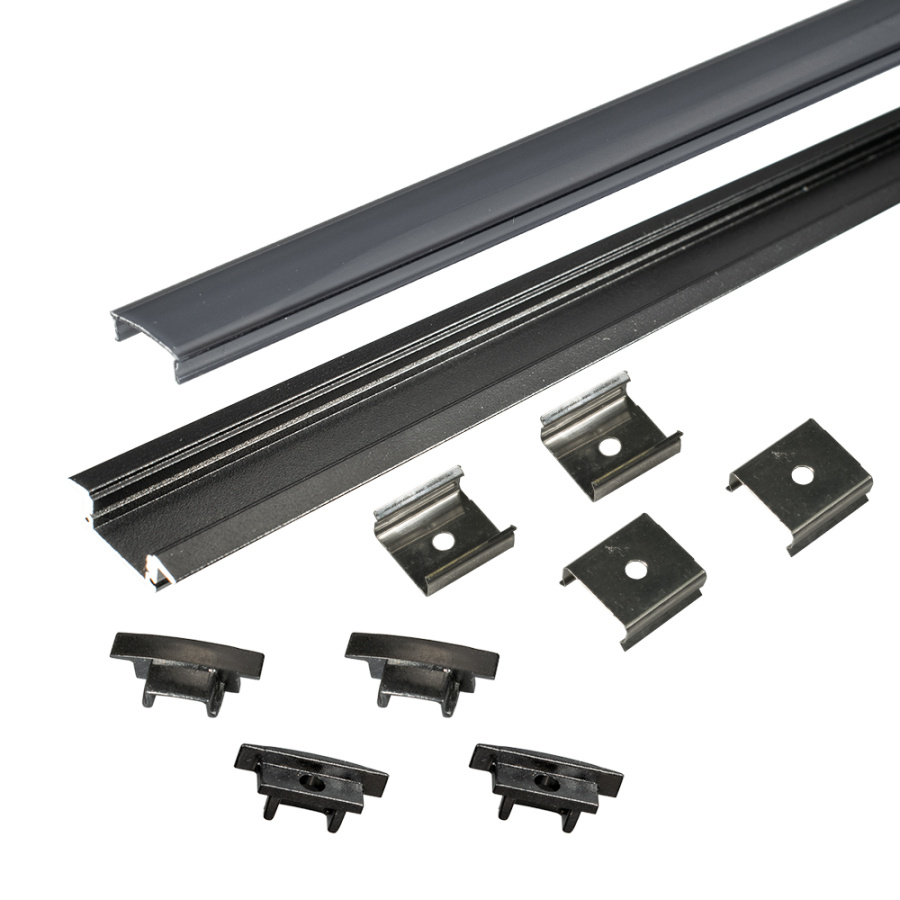 Профиль врезной 25х7х2000мм, лента ≤10мм, черный (диффузор черный, 4 клипсы, 4 заглушки), 2507W