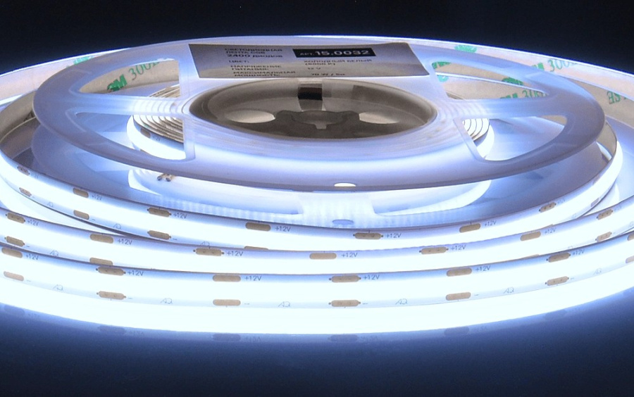 Лента  8х5000мм, COB, 12В, холодный, 14.0 Вт/м, 480 диодов/м, 1 000 Лм/м, IP20, AQ