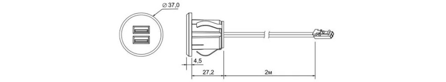 Встраиваемая 2хUSB-A, 5В/2.1А (1х2.1А/2х1.05А), вход 12В, Ø37мм, серебро, IP20, GLS