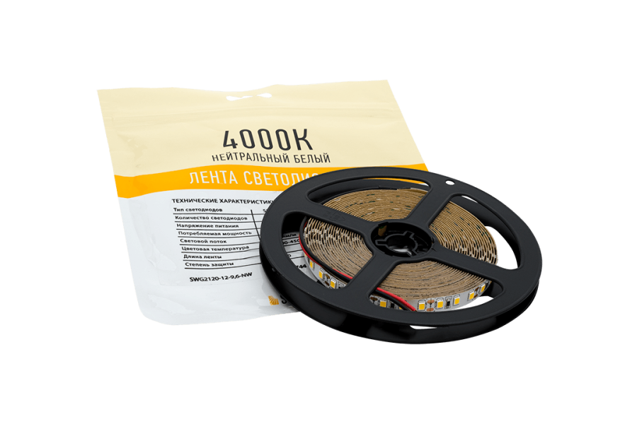 Лента  8х5000мм, SMD 2835, 12В, нейтральный,  9,6 Вт/м, 120 диодов/м, 900 Лм/м, IP20, SWG
