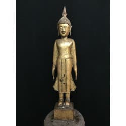 Antiker stehender Buddha aus Holz auf großem Thron – Laos, 19. Jahrhundert, 77 cm - T136