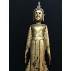 Antique Standing Buddha in Wood on Large Throne – Laos, 19th Century, 77 cm - T136