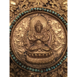 Tibetan Copper Plate with Buddha and Coral Inlay – 20th Century - AND280
