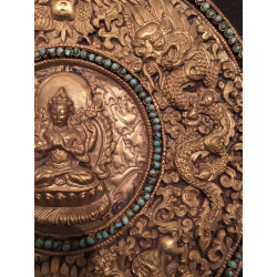 Tibetan Copper Plate with Buddha and Coral Inlay – 20th Century - AND280