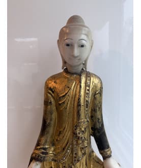Rare Standing Mandalay Buddha in Alabaster and Gilt Wood – Burma, Early 20th Century, 83 cm - A181