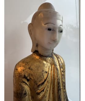 Rare Standing Mandalay Buddha in Alabaster and Gilt Wood – Burma, Early 20th Century, 83 cm - A181