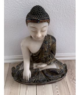 High-End Mandalay Buddha in Alabaster with Stone Inlay – Burma, 19th Century, 52 cm - A182