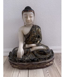 High-End Mandalay Buddha in Alabaster with Stone Inlay – Burma, 19th Century, 52 cm - A182