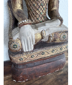 Large Seated Sandstone Buddha with Gilt Robe – Burma, Early 20th Century - AND313